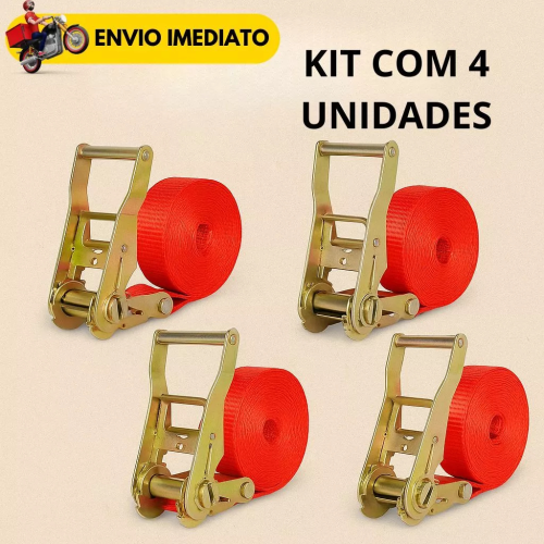 Kit 4 Cintas com Catraca 25 mm × 4,5 m para Carga Amarração Resistente Fita Prendedor Forte para Caminhão Moto Carro